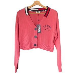 NWT Tommy Hilfiger Jeans Pink Cropped Cardigan Sweater Womens Medium